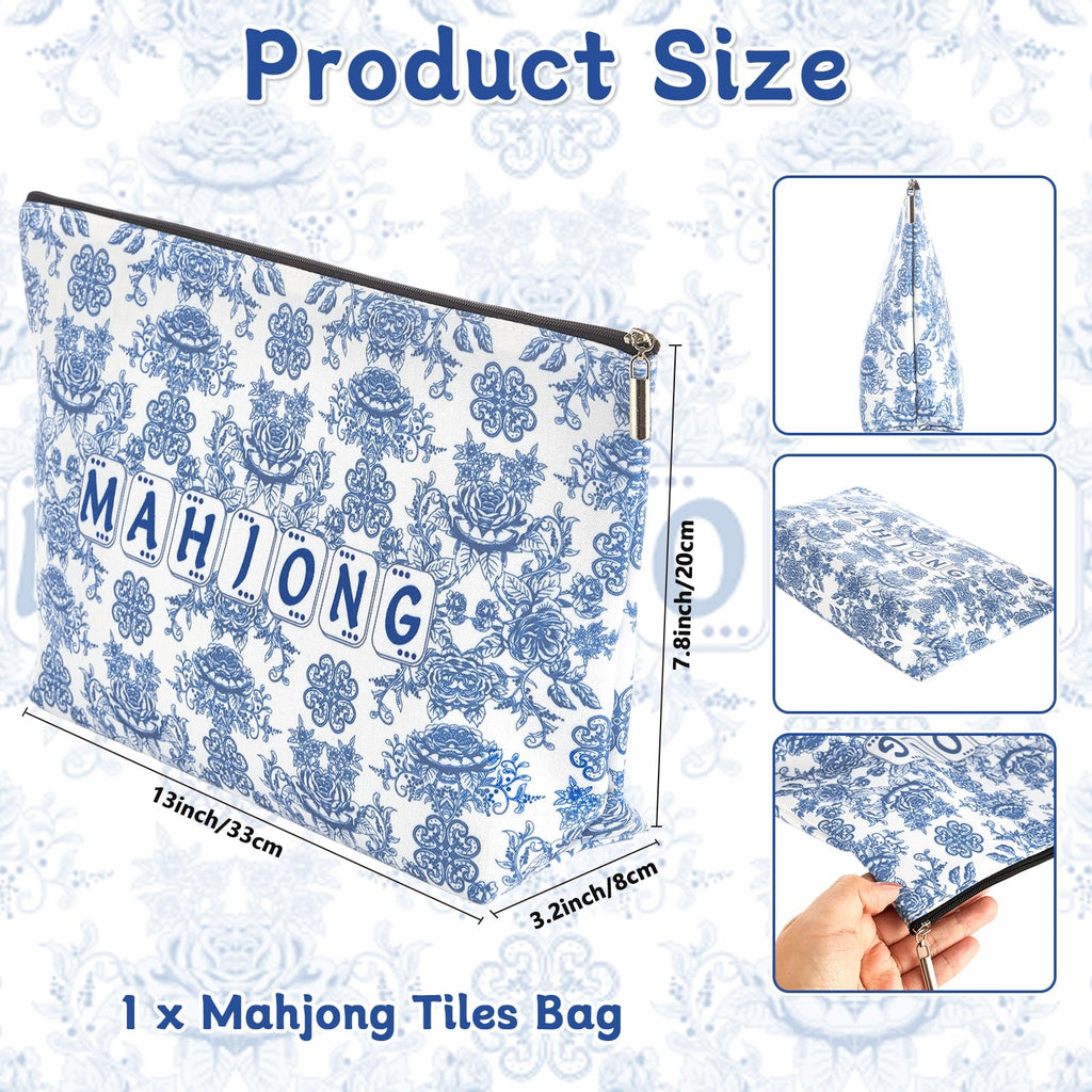Blue Printed Zippered Mahjong Tiles Bag, 13x7.8 Inch, for 1.2 Inch Standard American Tiles (Case Only)