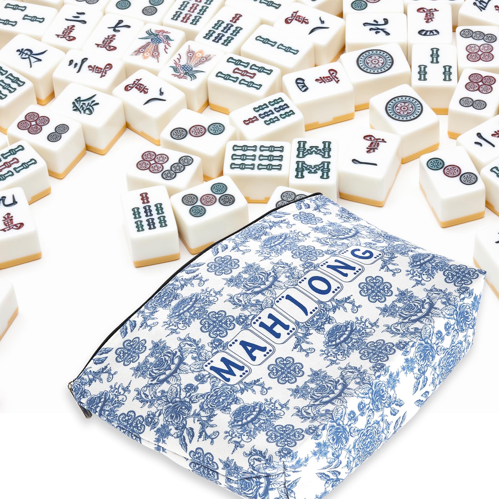 Blue Printed Zippered Mahjong Tiles Bag, 13x7.8 Inch, for 1.2 Inch Standard American Tiles (Case Only)