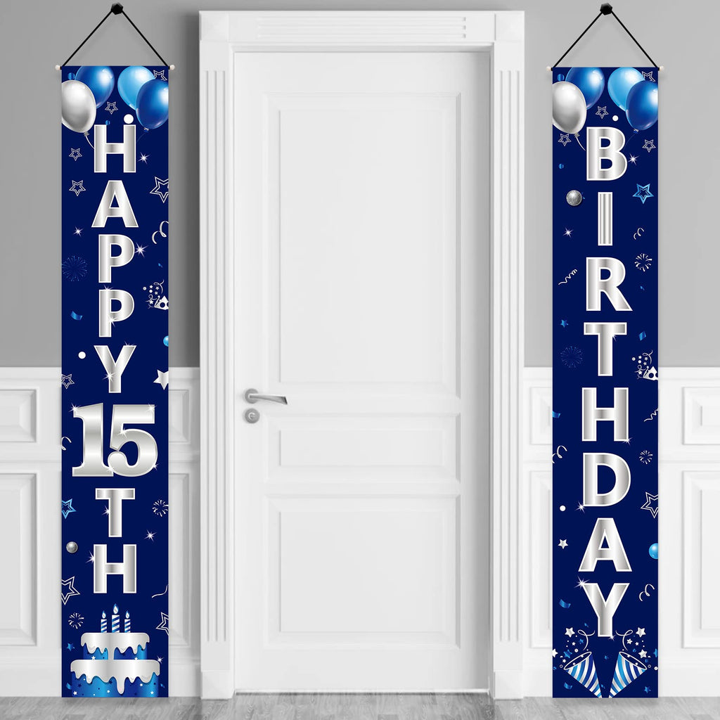 Blue Silver 15th Birthday Door Banner Set for Boys – Turypaty Happy 15th Party Decor