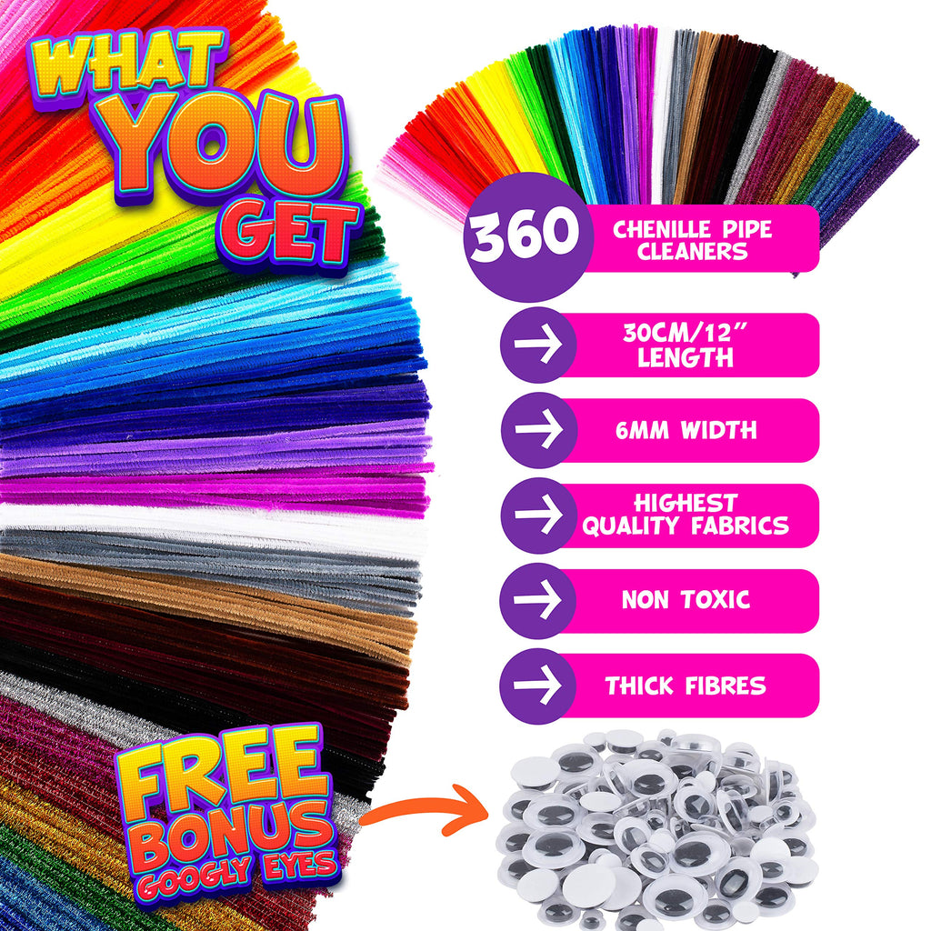 Blue Squid 460-Piece Chenille Stems & Googly Eyes Craft Set - 360 Flexible Pipe Cleaners in 35 Colors plus 100 Eyes