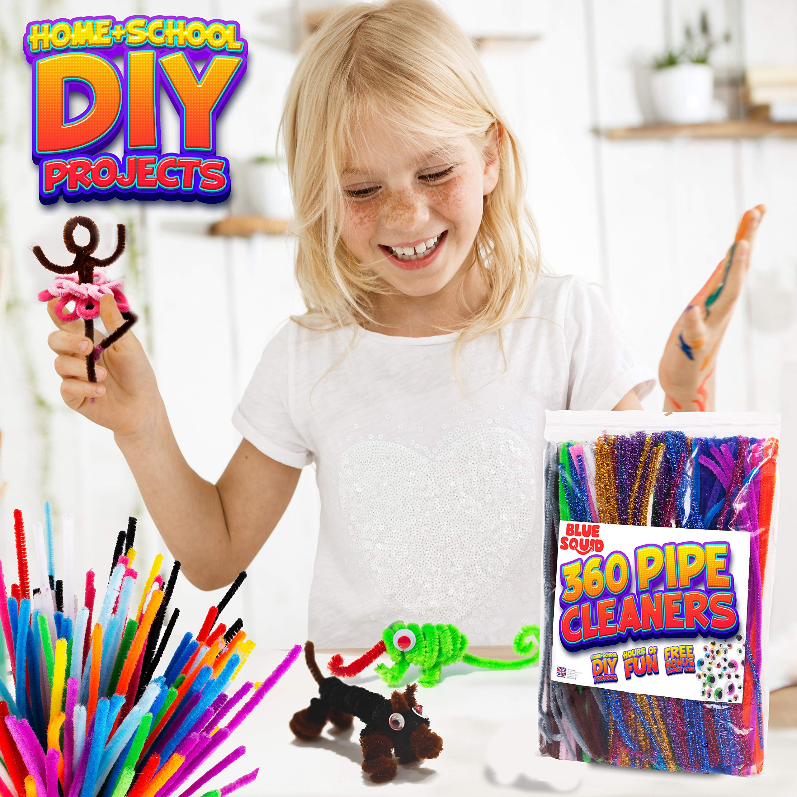 Blue Squid 460-Piece Chenille Stems & Googly Eyes Craft Set - 360 Flexible Pipe Cleaners in 35 Colors plus 100 Eyes