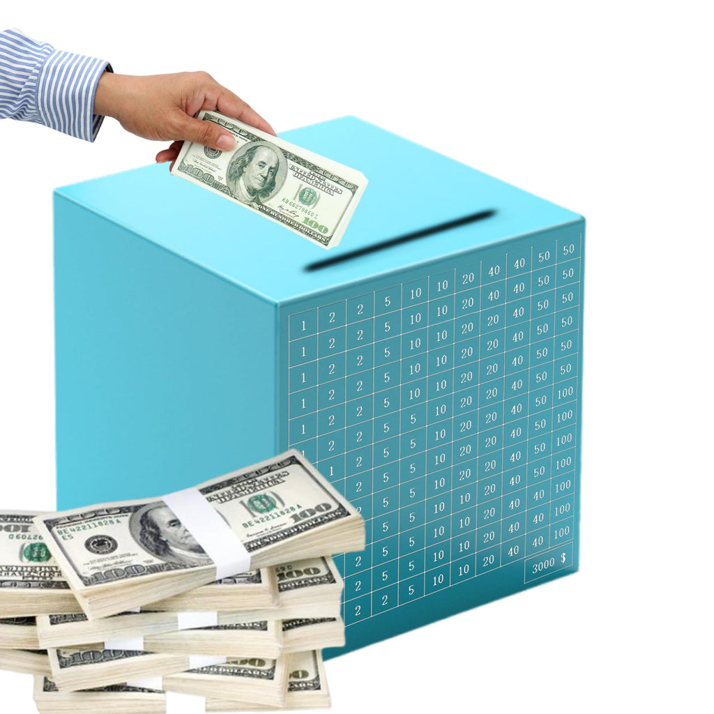 Blue Stainless Steel Money Saving Box with 3,000 Savings Challenge Counter – Coin & Bill Bank for Adults and Kids