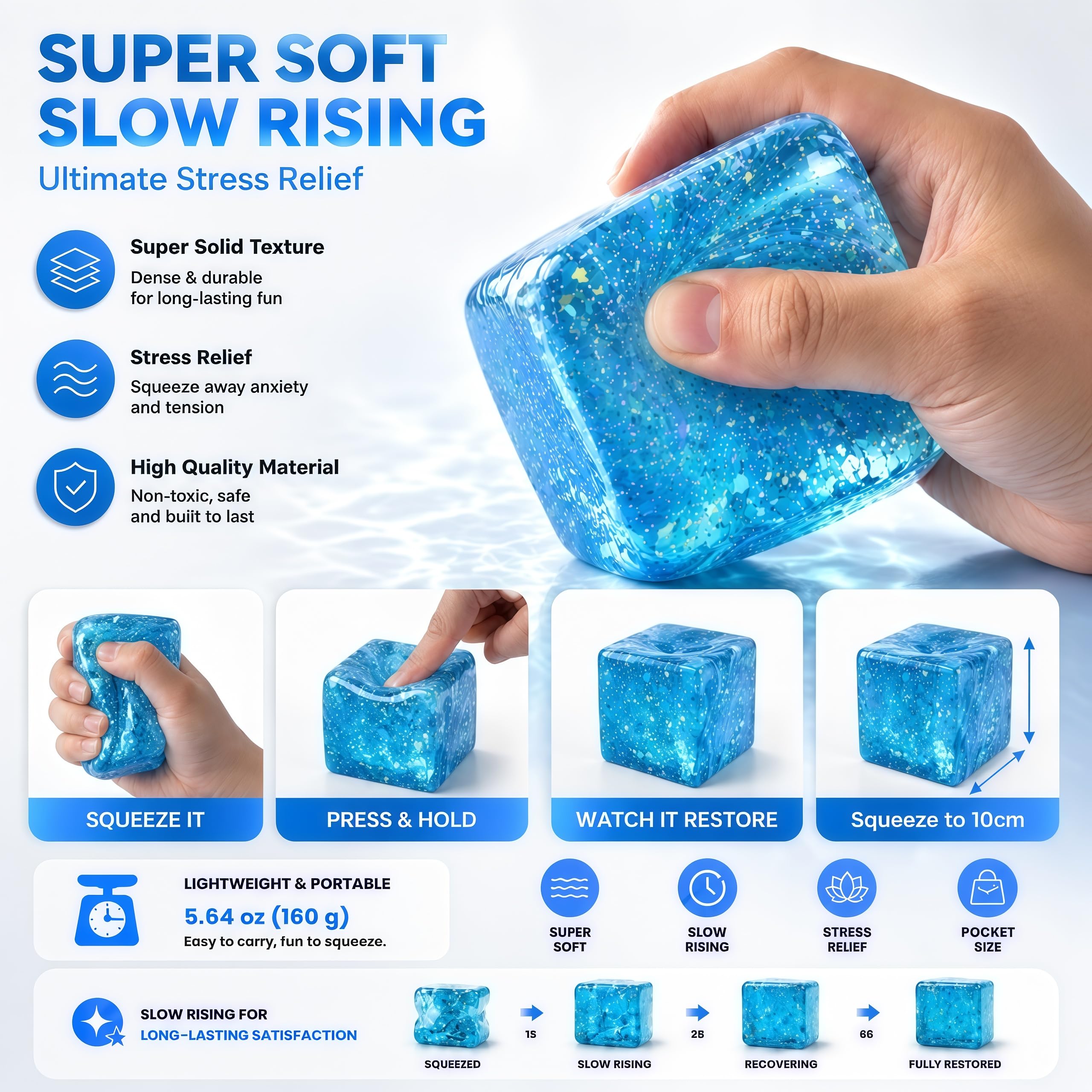 Blue Stress Relief Fidget Cube – Slow Rise Squishy Sensory Toy for Focus & Calm (Sucvrta)