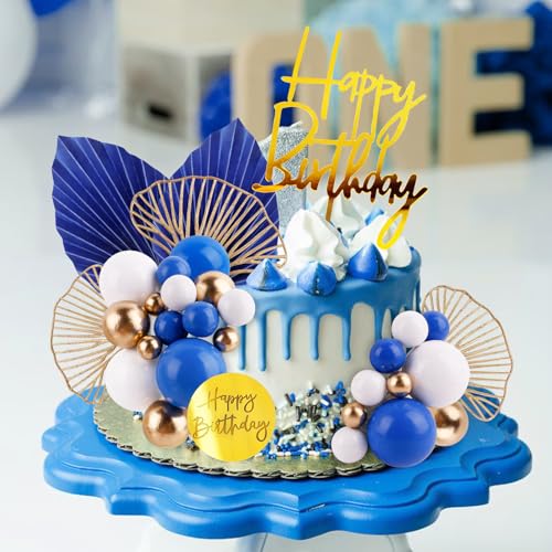 Blue White Gold Ball Cake Toppers Set - 25 Foam Balls, Palm Leaves & Birthday Toppers - MEMOVAN