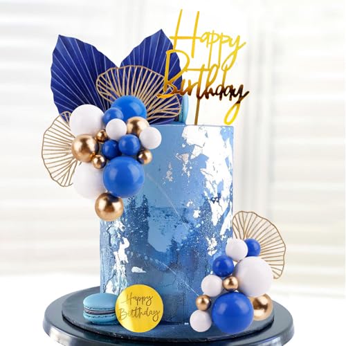 Blue White Gold Ball Cake Toppers Set - 25 Foam Balls, Palm Leaves & Birthday Toppers - MEMOVAN
