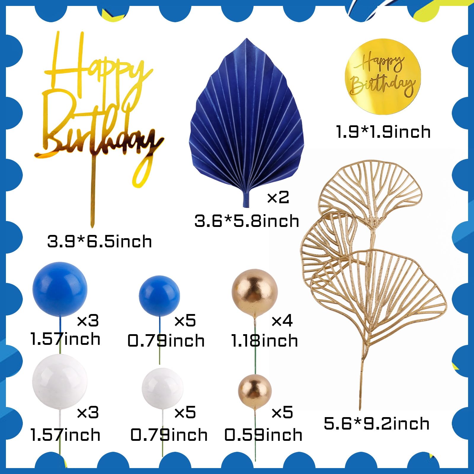 Blue White Gold Ball Cake Toppers Set - 25 Foam Balls, Palm Leaves & Birthday Toppers - MEMOVAN