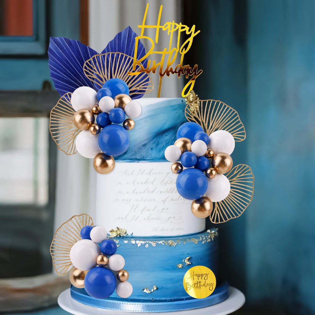 Blue White Gold Ball Cake Toppers Set - 25 Foam Balls, Palm Leaves & Birthday Toppers - MEMOVAN