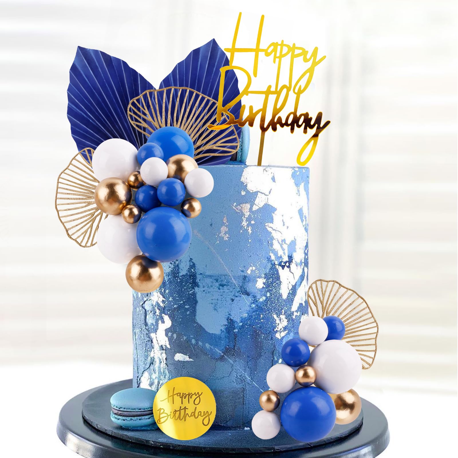 Blue White Gold Ball Cake Toppers Set - 25 Foam Balls, Palm Leaves & Birthday Toppers - MEMOVAN