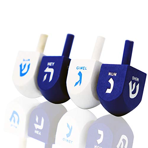 Blue & White Wooden Hanukkah Dreidels – 4-Pack Hand Painted with English Translation and Game Cards by The Dreidel Company