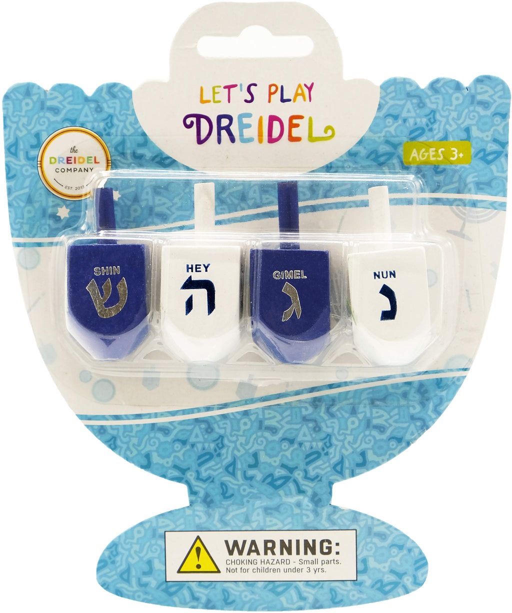 Blue & White Wooden Hanukkah Dreidels – 4-Pack Hand Painted with English Translation and Game Cards by The Dreidel Company