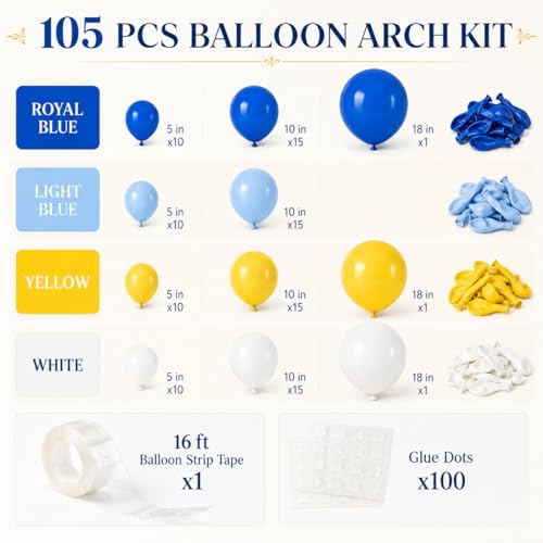 Blue Yellow White Balloon Arch Kit – 105 Latex Balloons for Graduation, Birthday & Party Decor