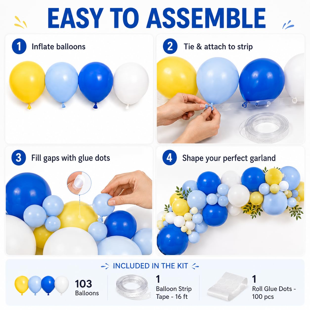 Blue Yellow White Balloon Arch Kit – 105 Latex Balloons for Graduation, Birthday & Party Decor