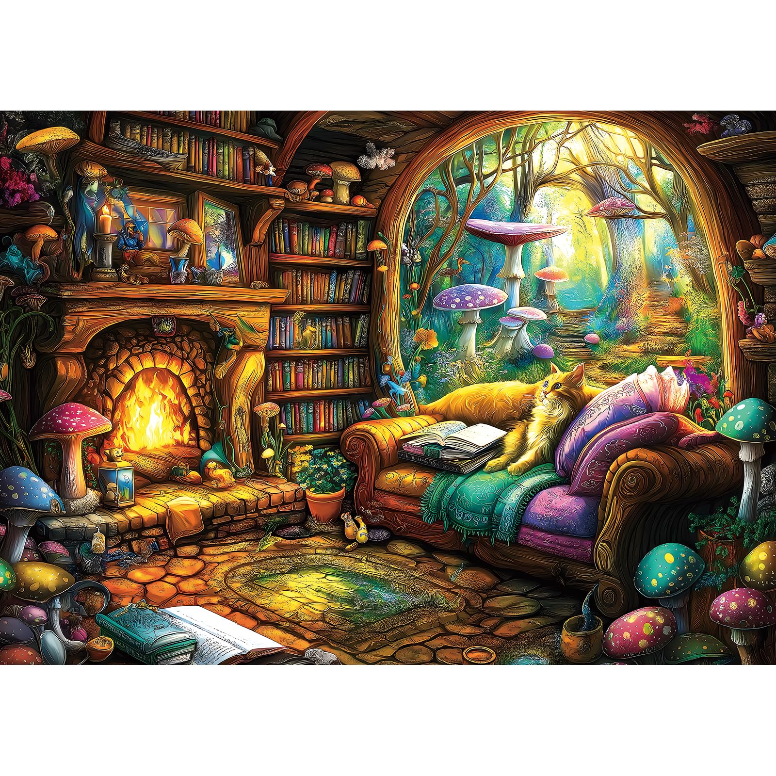 Blueforest 1000 Piece Jigsaw Puzzle – Fantasy Forest Cottage with Cat & Mushrooms, Back Letter Sorting, 27.5x19.7 Inches