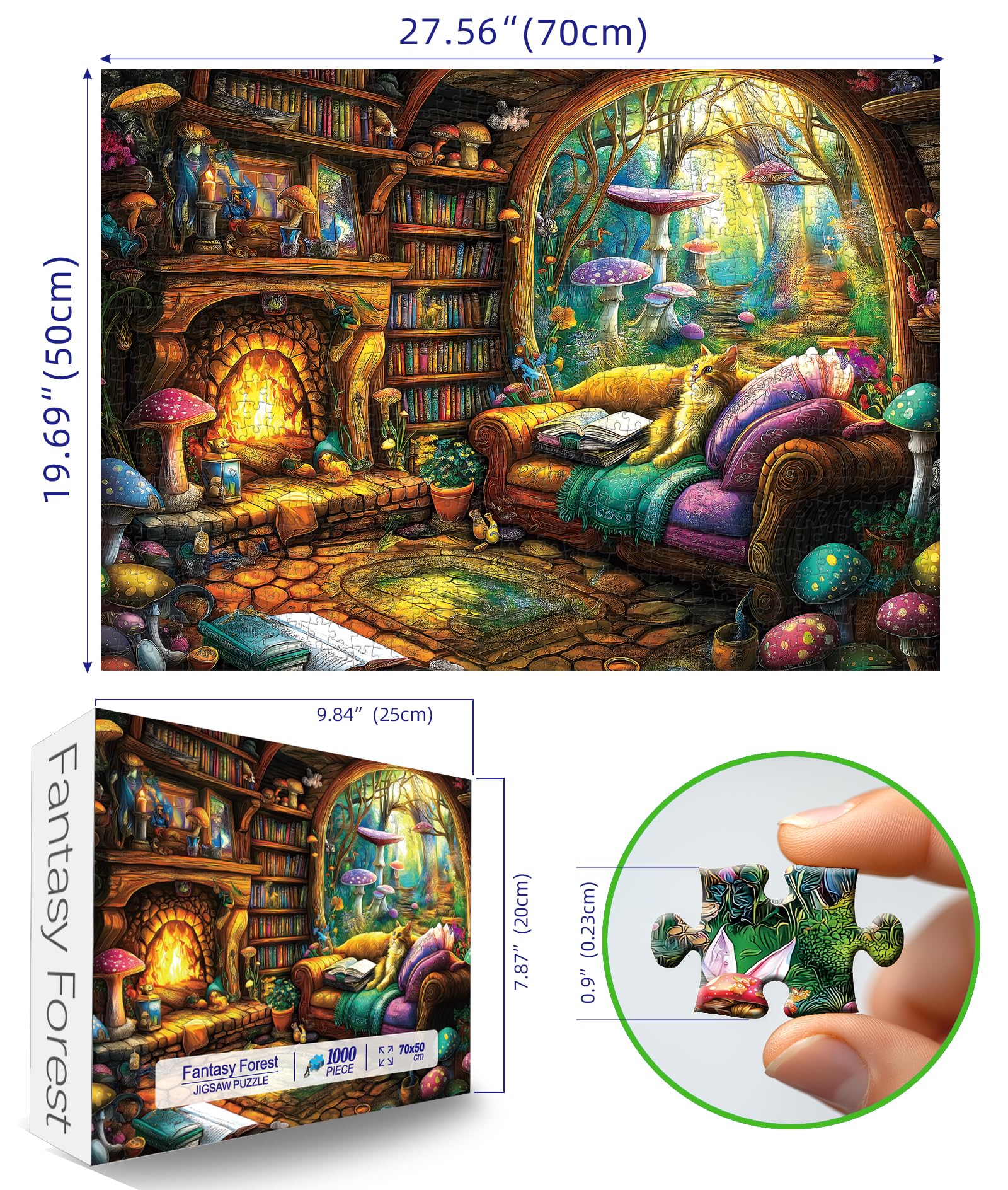Blueforest 1000 Piece Jigsaw Puzzle – Fantasy Forest Cottage with Cat & Mushrooms, Back Letter Sorting, 27.5x19.7 Inches
