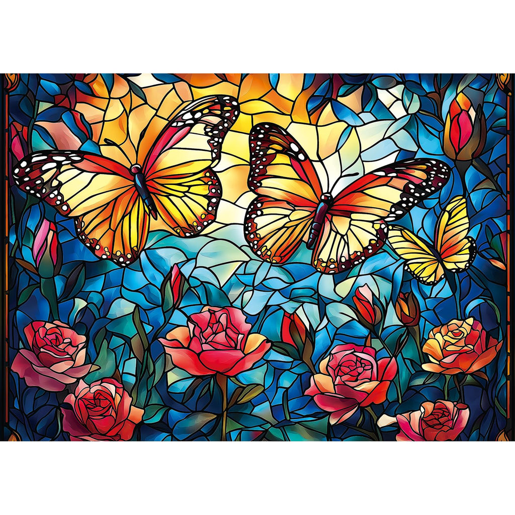 Blueforest 1000 Piece Jigsaw Puzzle – Stained Glass Monarch Butterfly & Rose, 27.5x19.7 Inches with Back Letters & Poster