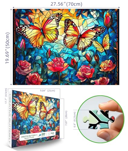 Blueforest 1000 Piece Jigsaw Puzzle – Stained Glass Monarch Butterfly & Rose, 27.5x19.7 Inches with Back Letters & Poster