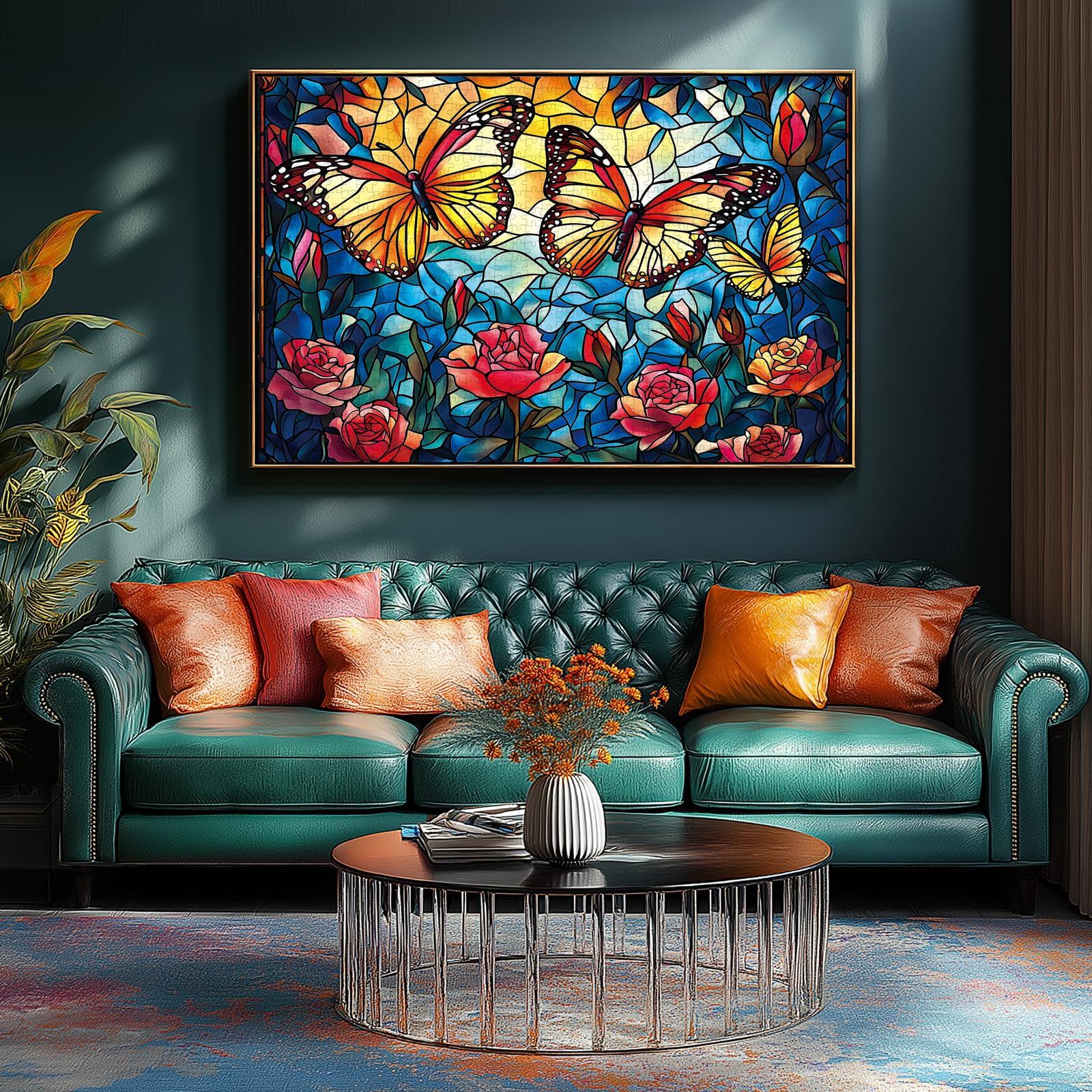 Blueforest 1000 Piece Jigsaw Puzzle – Stained Glass Monarch Butterfly & Rose, 27.5x19.7 Inches with Back Letters & Poster