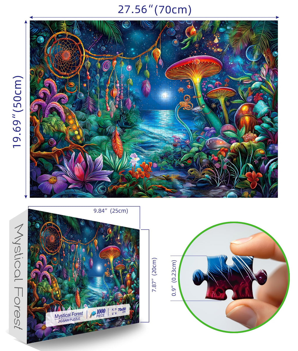 Blueforest 1000 Piece Mystical Forest Jigsaw Puzzle with Dreamcatcher & Mushrooms – Back Letter Sorting System, 27.5x19.7 Inches