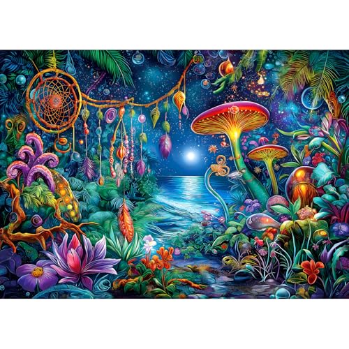 Blueforest 1000 Piece Mystical Forest Jigsaw Puzzle with Dreamcatcher & Mushrooms – Back Letter Sorting System, 27.5x19.7 Inches