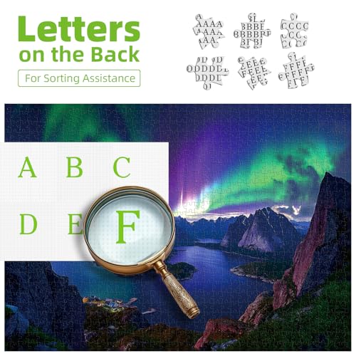 Blueforest 1000 Piece Northern Lights Mountain Lake Puzzle – with Back Letter Sorting, 27.5x19.7 Inches