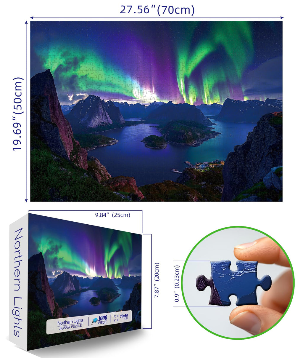 Blueforest 1000 Piece Northern Lights Mountain Lake Puzzle – with Back Letter Sorting, 27.5x19.7 Inches