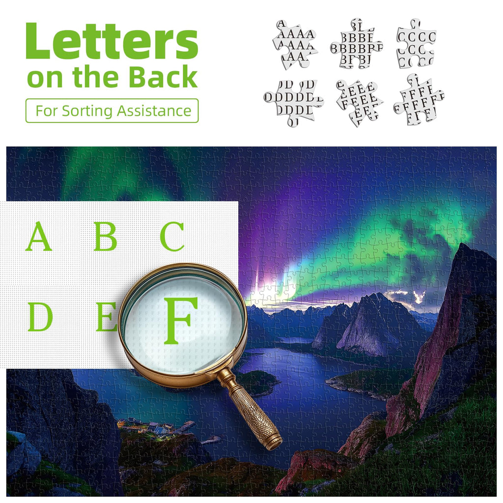 Blueforest 1000 Piece Northern Lights Mountain Lake Puzzle – with Back Letter Sorting, 27.5x19.7 Inches