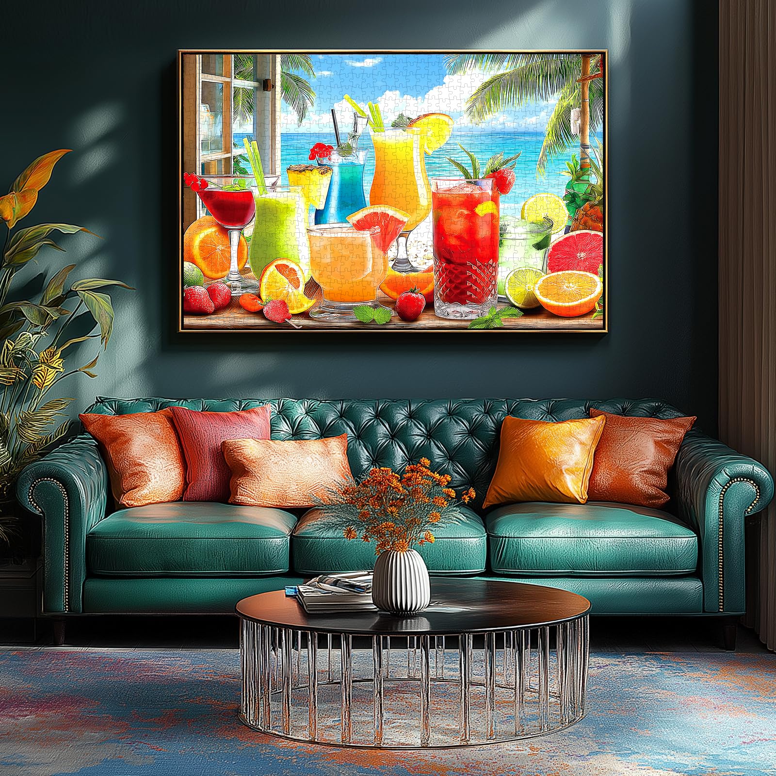 Blueforest Colorful Drinks 1000 Piece Jigsaw Puzzle – Tropical Beach Scene with Fruits & Ocean, Perfect for Relaxation and Home Decor (27.6 x 19.7 inches)
