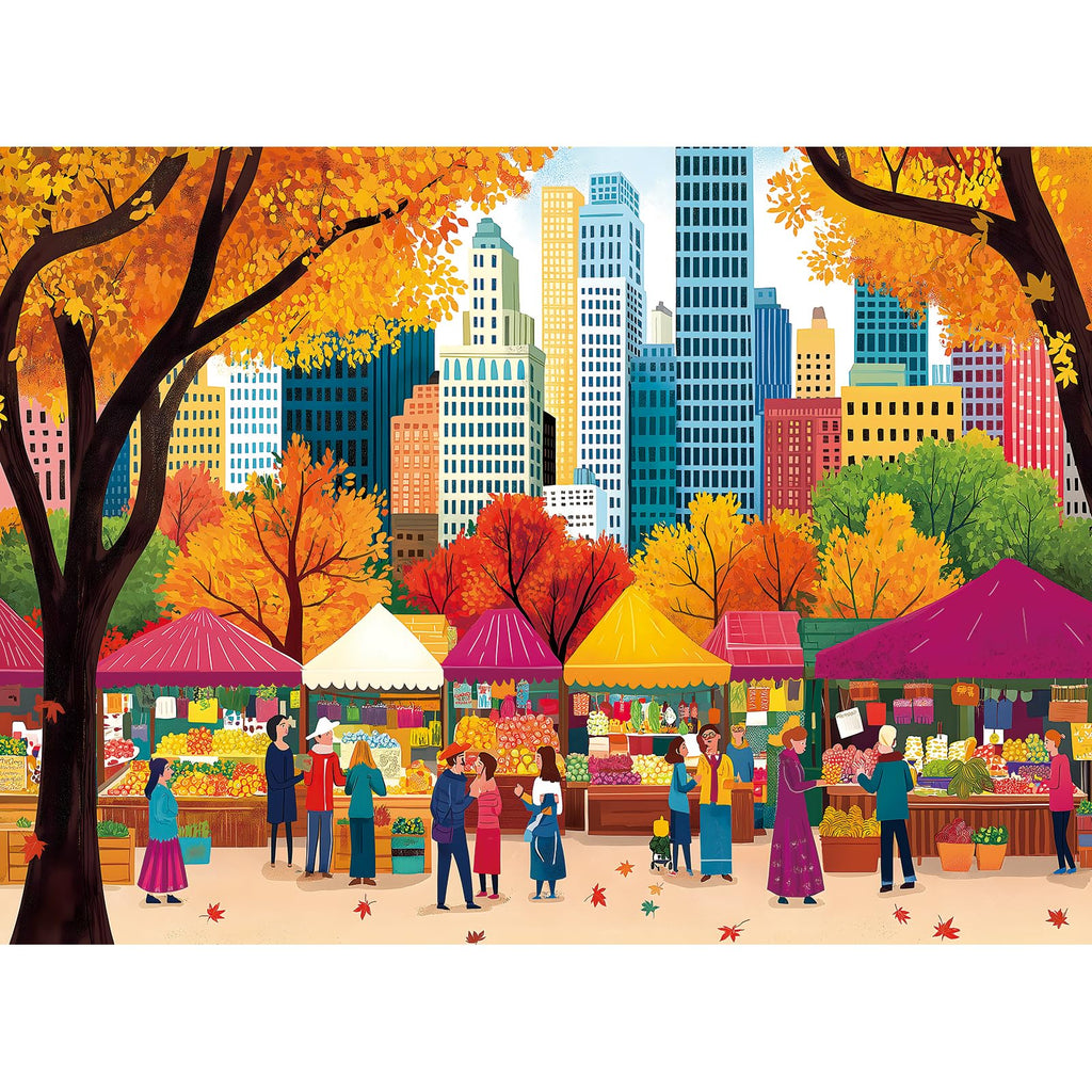 Blueforest Fall 500 Piece Puzzle: Autumn Farmers Market Shaped Jigsaw with Maple Leaf Border (23"x15")