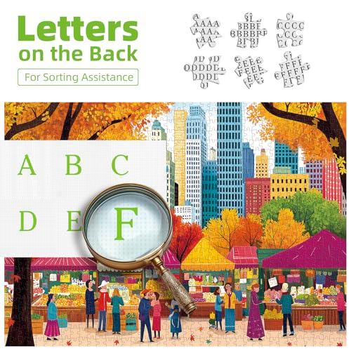 Blueforest Fall 500 Piece Puzzle: Autumn Farmers Market Shaped Jigsaw with Maple Leaf Border (23"x15")