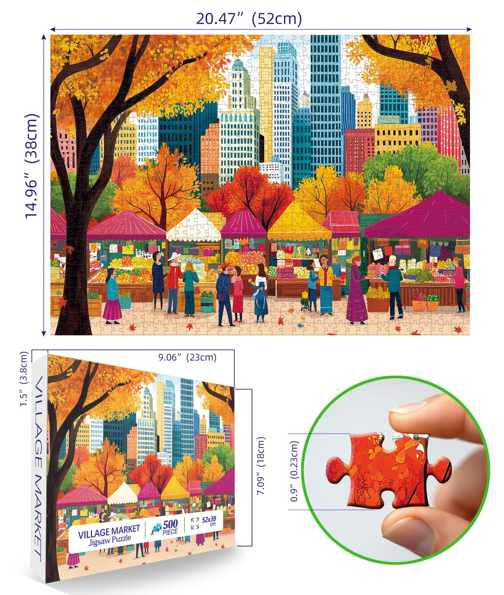 Blueforest Fall 500 Piece Puzzle: Autumn Farmers Market Shaped Jigsaw with Maple Leaf Border (23"x15")