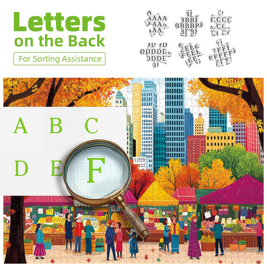 Blueforest Fall 500 Piece Puzzle: Autumn Farmers Market Shaped Jigsaw with Maple Leaf Border (23"x15")