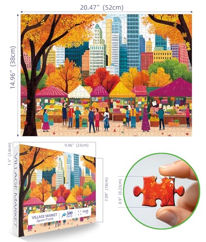 Blueforest Fall 500 Piece Puzzle: Autumn Farmers Market Shaped Jigsaw with Maple Leaf Border (23"x15")