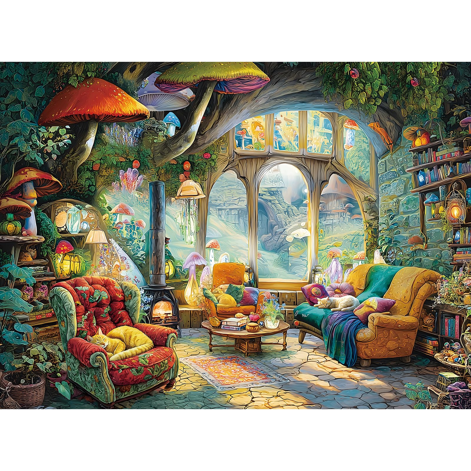 Blueforest Fantasy Mushroom 1000 Piece Jigsaw Puzzle – Whimsical Living Room Scene, HD Print, 27.5x19.7 in, Includes Poster