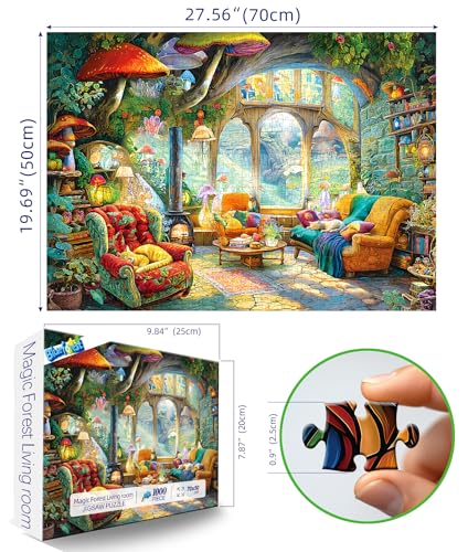 Blueforest Fantasy Mushroom 1000 Piece Jigsaw Puzzle – Whimsical Living Room Scene, HD Print, 27.5x19.7 in, Includes Poster