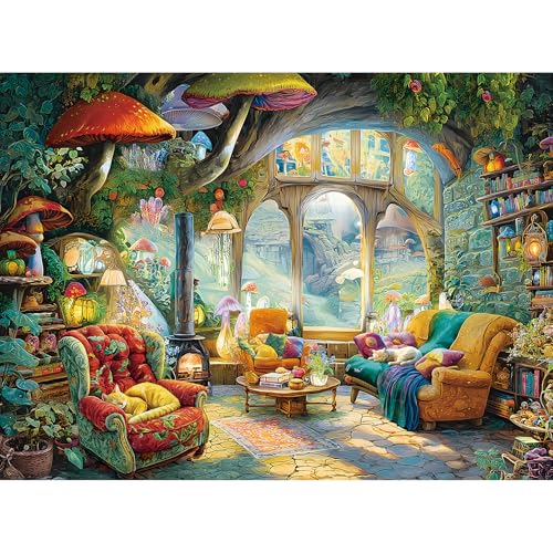 Blueforest Fantasy Mushroom 1000 Piece Jigsaw Puzzle – Whimsical Living Room Scene, HD Print, 27.5x19.7 in, Includes Poster