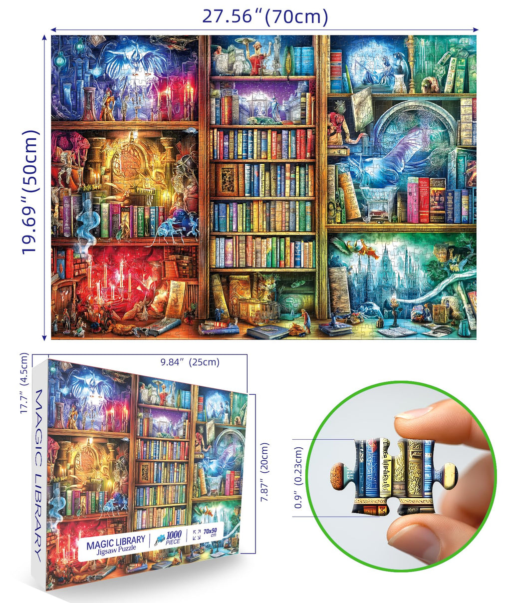 Blueforest Magic Library Books 1000 Piece Jigsaw Puzzle for Adults – Fantasy Library Wonderland, Hard Challenge with Bonus Poster