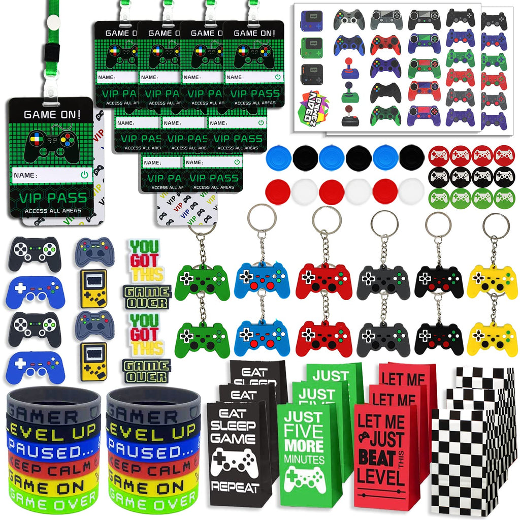 Bluegogo 146-Piece Video Game Party Favors Set with VIP Passes, Keychains, Tattoos, Shoe Charms, Button Caps, and Gift Bags
