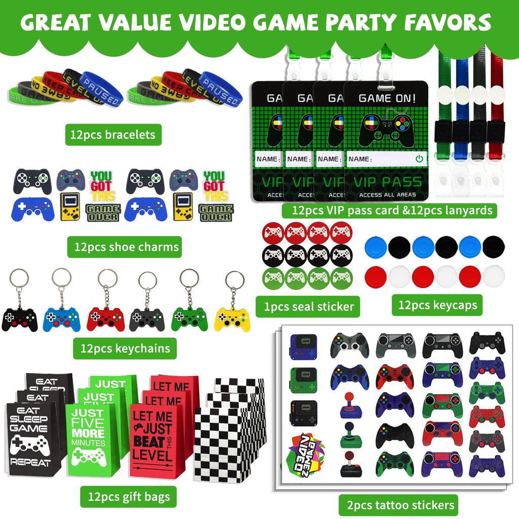 Bluegogo 146-Piece Video Game Party Favors Set with VIP Passes, Keychains, Tattoos, Shoe Charms, Button Caps, and Gift Bags