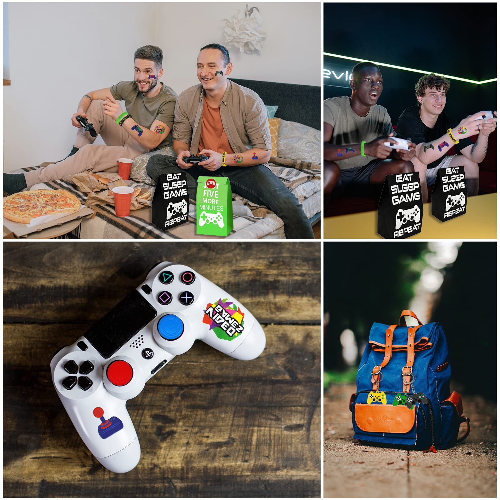 Bluegogo 146-Piece Video Game Party Favors Set with VIP Passes, Keychains, Tattoos, Shoe Charms, Button Caps, and Gift Bags