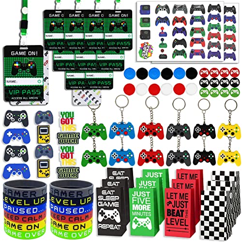 Bluegogo 146-Piece Video Game Party Favors Set with VIP Passes, Keychains, Tattoos, Shoe Charms, Button Caps, and Gift Bags