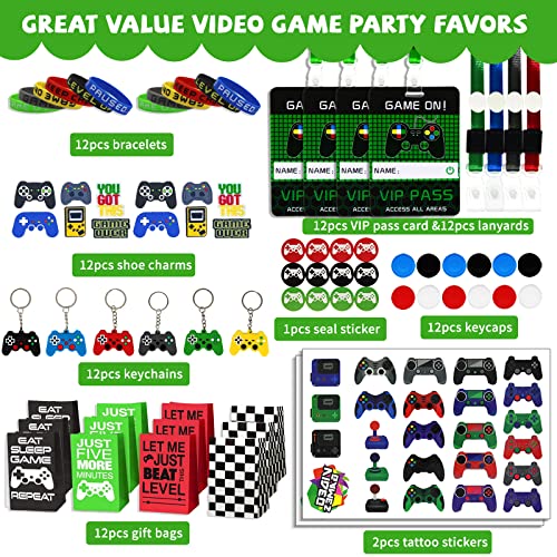 Bluegogo 146-Piece Video Game Party Favors Set with VIP Passes, Keychains, Tattoos, Shoe Charms, Button Caps, and Gift Bags