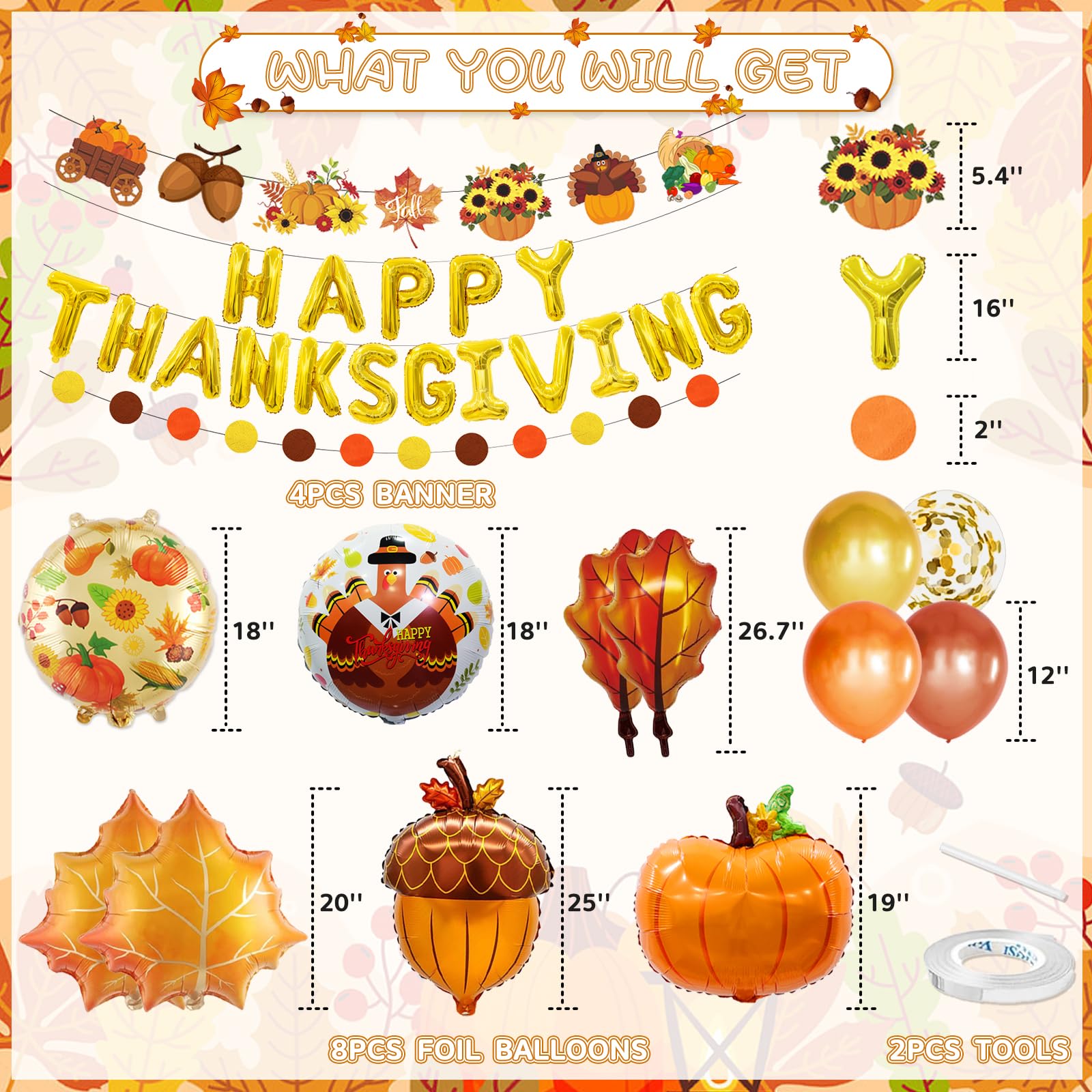 Bluegogo 29-Piece Thanksgiving Balloon Set with Foil Banner and Shaped Balloons
