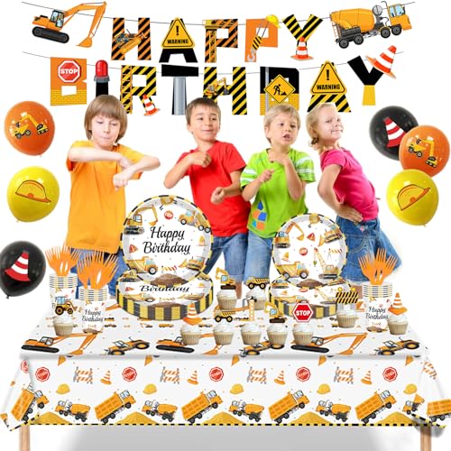 Bluegogo Construction Birthday Party Set for 24 Guests – 142-Piece Kit with Plates, Napkins, Cups, Tablecloth & Decor