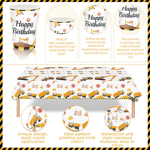 Bluegogo Construction Birthday Party Set for 24 Guests – 142-Piece Kit with Plates, Napkins, Cups, Tablecloth & Decor