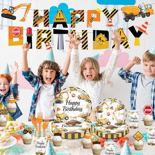 Bluegogo Construction Birthday Party Set for 24 Guests – 142-Piece Kit with Plates, Napkins, Cups, Tablecloth & Decor