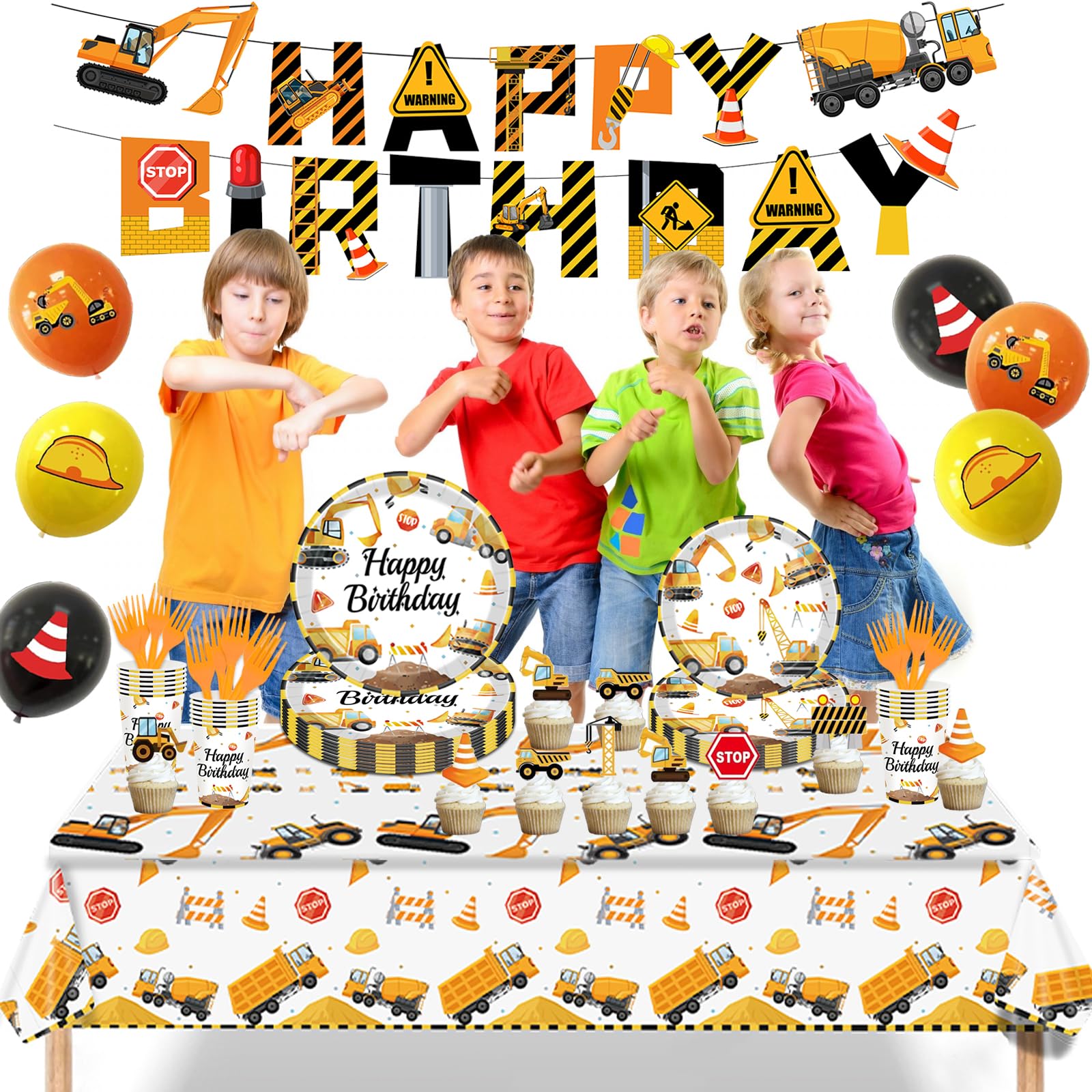 Bluegogo Construction Birthday Party Set for 24 Guests – 142-Piece Kit with Plates, Napkins, Cups, Tablecloth & Decor