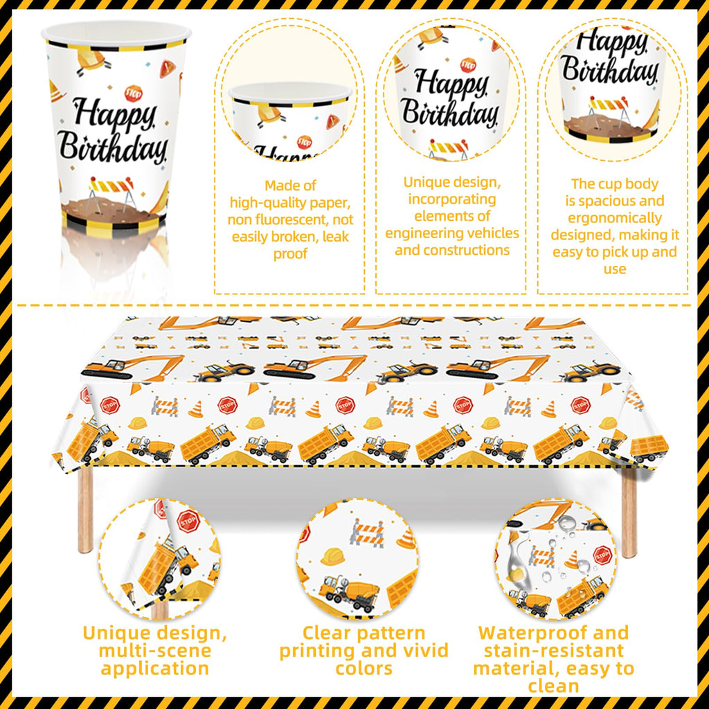 Bluegogo Construction Birthday Party Set for 24 Guests – 142-Piece Kit with Plates, Napkins, Cups, Tablecloth & Decor