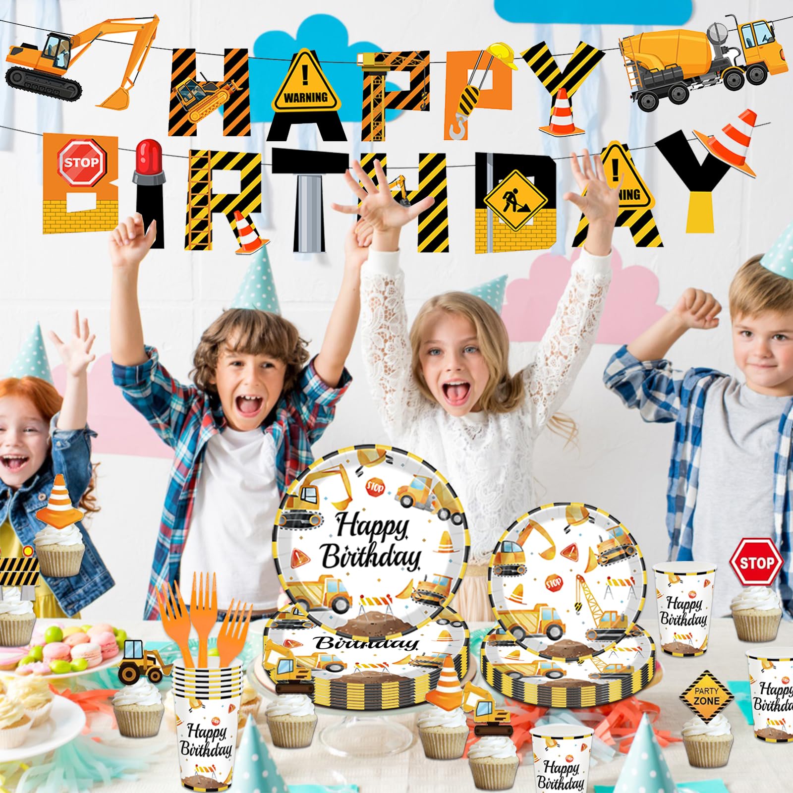 Bluegogo Construction Birthday Party Set for 24 Guests – 142-Piece Kit with Plates, Napkins, Cups, Tablecloth & Decor