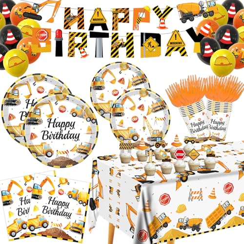 Bluegogo Construction Birthday Party Set for 24 Guests – 142-Piece Kit with Plates, Napkins, Cups, Tablecloth & Decor