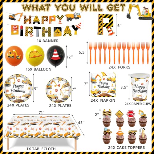 Bluegogo Construction Birthday Party Set for 24 Guests – 142-Piece Kit with Plates, Napkins, Cups, Tablecloth & Decor